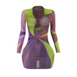 Elegant Printing Color Contrast Hollow Ring Long Sleeve Dress Women