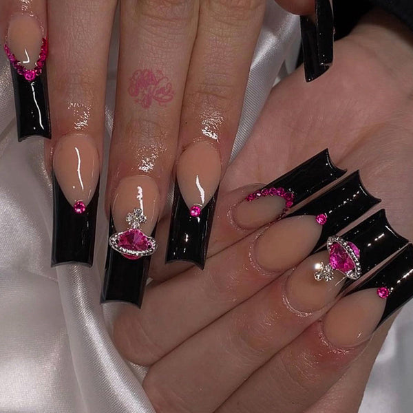 Wear Armor French Black Edge Nail Shaped Piece Queen Mother Rose Rhinestone Fake Nails