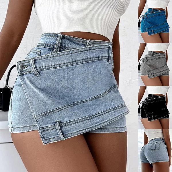 SpotLight180 Vintage Denim Shorts Stretch Overlap Waist Wrap Solid Asymmetrical Hem Mini Skorts Skirt A-Line Skinny