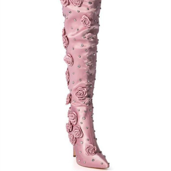 Silk Cloth Rivet Rose Over-the-knee Boots