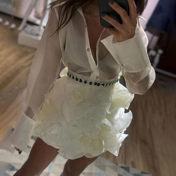 Lapel See-through Light Shirt Flower Skirt Suit Women